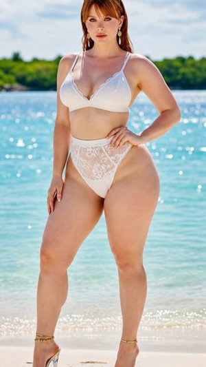 Woman in white lace bikini standing on beach near water.