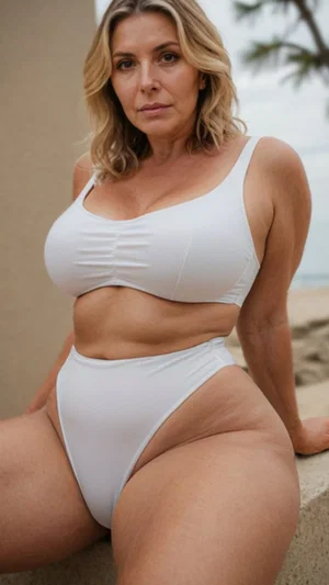 Woman in white bikini sitting on stone near beach, blonde hair, curvy figure.