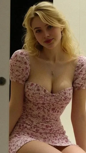 Blonde woman in pink floral dress posing indoors, sitting near door.