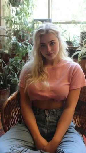Blonde woman in pink crop top and jeans sitting in wicker chair with plants behind her.