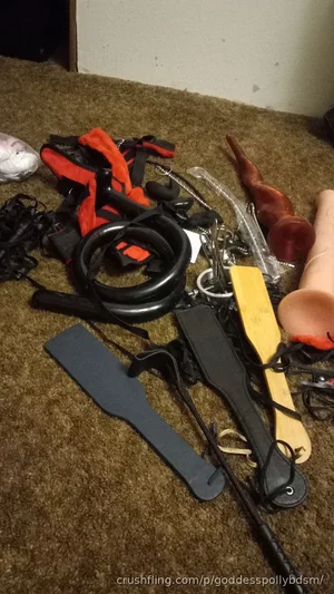Assorted BDSM toys and restraints on a carpeted floor.