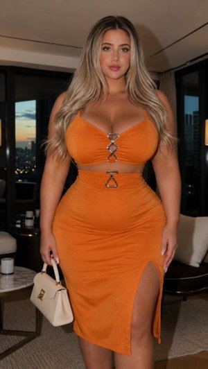 Curvy blonde woman in orange dress holding purse indoors.