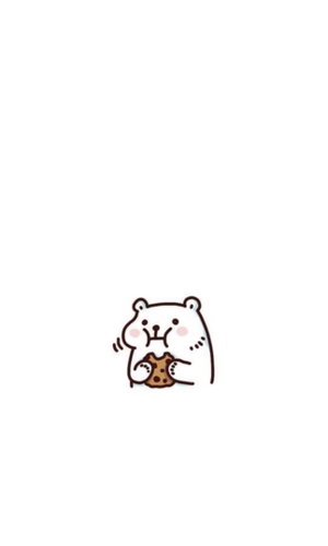 Cartoon bear eating cookie on plain background.