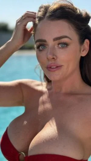 Woman in red strapless top by pool, dark hair, green eyes, sunlit skin.