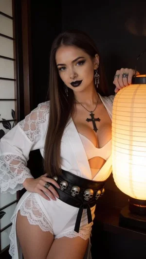 Woman in white lace outfit with skull belt holding lantern indoors.