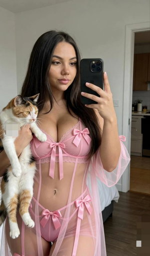 Woman in pink lingerie holding a cat, taking mirror selfie in bedroom.