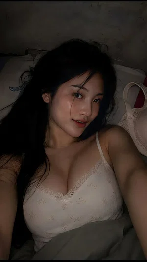 Woman with dark hair in white lace camisole lying in bed, indoor setting.