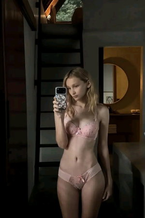 Slim blonde in pink lingerie takes mirror selfie indoors.