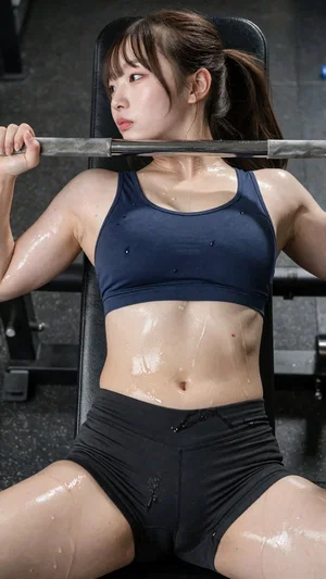 Woman in dark sports bra and shorts, sweating, lifting barbell in gym.