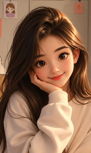 Asian woman with long brown hair in white sweater, bedroom.