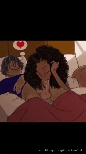 Cartoon woman with curly hair lying in bed, partially covered by red blanket, next to a man in blue