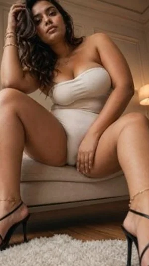 Woman in beige bodysuit and black heels sitting on couch indoors.