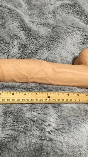 A flesh-toned object resembling a penis lies on a gray furry surface next to a wooden ruler.