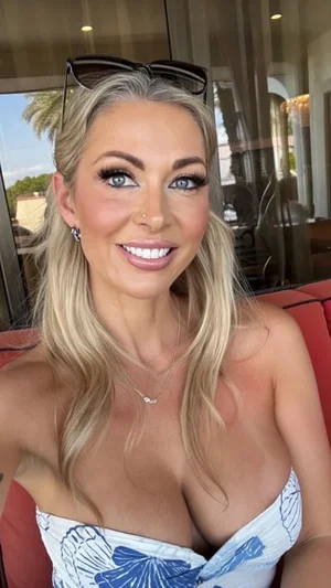 Blonde woman in a blue and white strapless top, smiling, sitting indoors near a window.