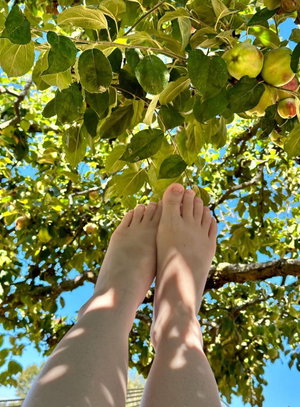 Bare legs and feet raised under an apple tree outdoors.