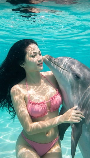 Woman in pink bikini underwater with dolphin, clear blue water, smiling.