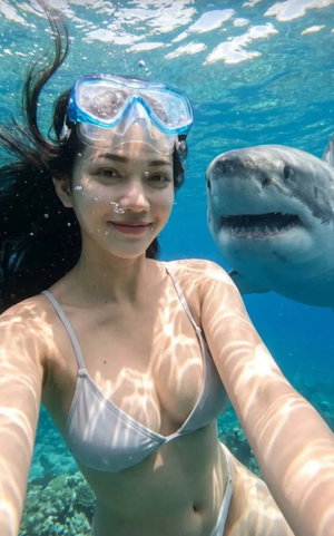 Woman in white bikini taking underwater selfie with shark nearby.