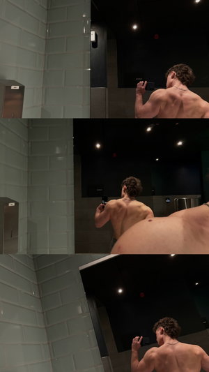Shirtless man taking mirror selfies in a tiled bathroom, back and side views shown.