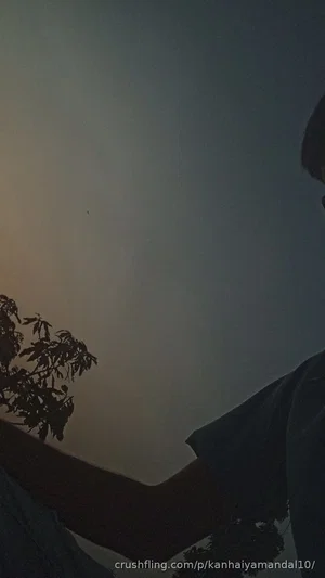 Silhouette of a person in a t-shirt outdoors at dusk, arm extended toward trees.