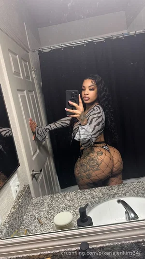 Woman with long dark hair in fishnet outfit and tattoos poses in bathroom mirror selfie.