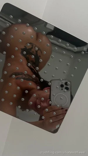 Woman with tattoos taking mirror selfie in bathroom, wearing no top, holding phone.