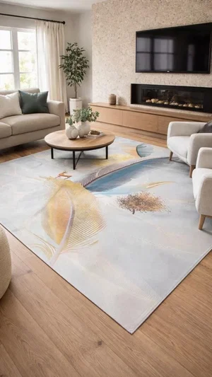 Living room with beige sofa, round coffee table, large abstract rug, and fireplace wall.