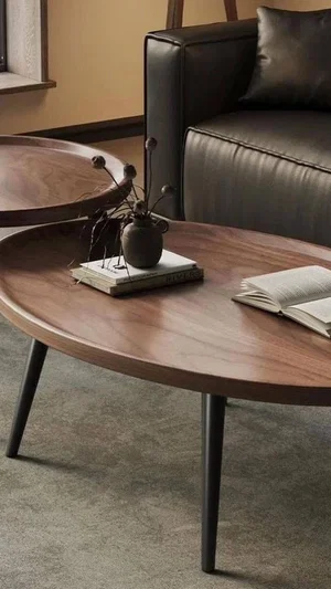 Wooden coffee table with books and vase, next to black leather sofa in living room.