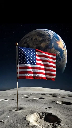 American flag on lunar surface with Earth in background.