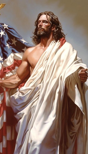 Muscular man with long hair and beard holding American flag.