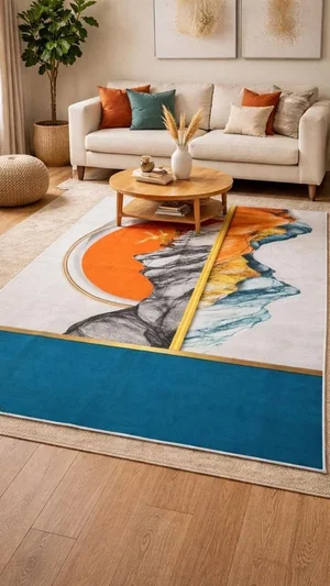 Living room with beige sofa, colorful rug, wooden coffee table, and potted plant.