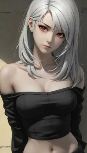 Silver-haired woman in black off-shoulder crop top and pants by wall.