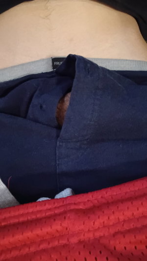 Close-up of torso in blue clothing over red mesh.