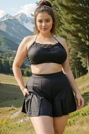 Curvy brunette in black crop top and shorts outdoors near mountains.