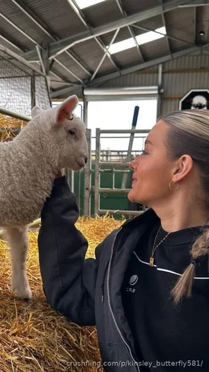 Woman in black jacket petting lamb in barn with hay and metal roof.