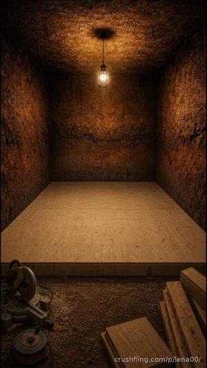 Empty underground room with wooden floor, stone walls, hanging light, and construction tools.