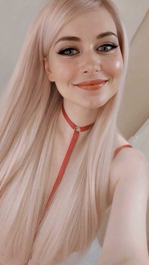 Woman with long pink hair, red choker, smiling in indoor setting.