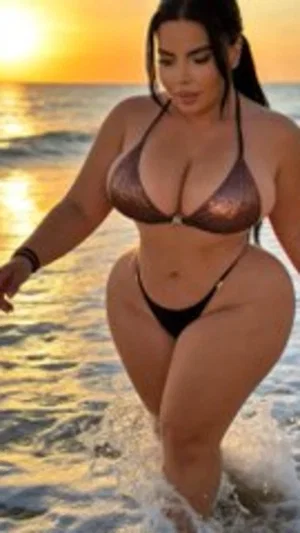 Woman in metallic bikini walking in ocean at sunset.