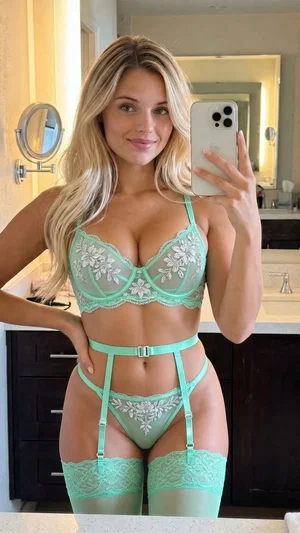 Woman with blonde hair in mint green lingerie taking mirror selfie in bathroom.