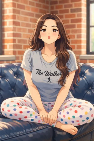 Brunette woman in gray t-shirt and polka-dot pants on couch.