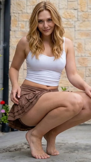 Woman with blonde hair in white crop top and brown ruffled skirt crouching outdoors near stone wall.