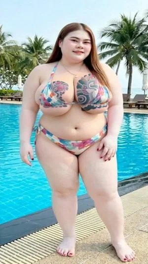 Woman in colorful bikini standing by poolside with palm trees in background.