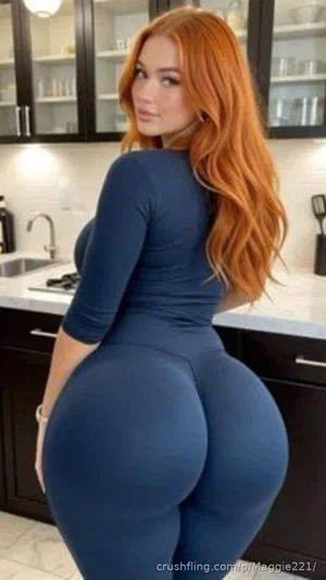 Woman with long red hair in a tight blue bodysuit posing in a kitchen.