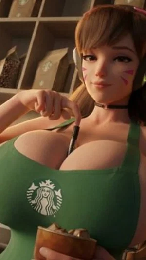 Animated woman in green Starbucks apron holding drink, indoors.