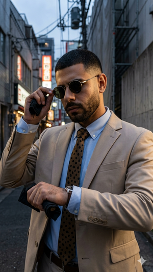 Man in beige suit and sunglasses on city street, holding camera.