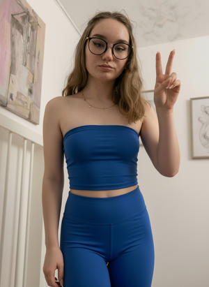 Slim woman with glasses in blue crop top and leggings indoors.