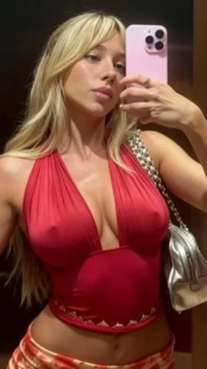 Blonde woman in red halter top and patterned skirt taking mirror selfie indoors.