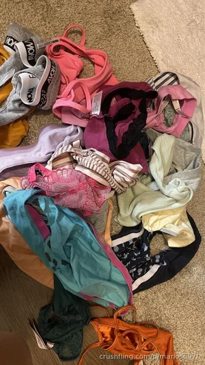 Assorted colorful lingerie and underwear piled on a carpeted floor.