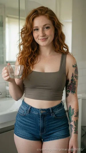 Woman with red curly hair, tattoos, wearing olive crop top and denim shorts, holding glass in