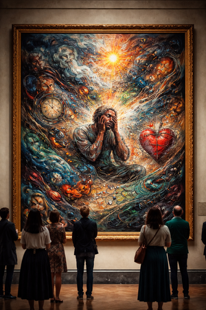 Group viewing large surreal painting in museum gallery
