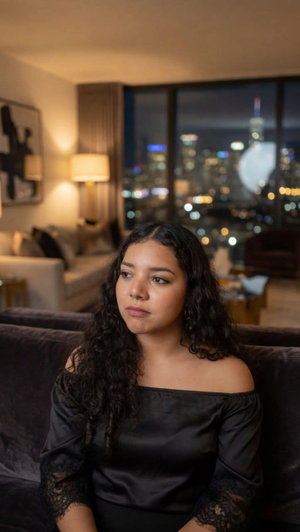 Woman with curly hair in black off-shoulder top sitting on couch in modern apartment with city view.
